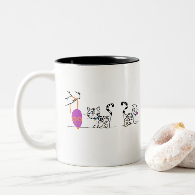 Café Em Dois Tons Brinquedos de Gato Novos - caneca (Com Donut)