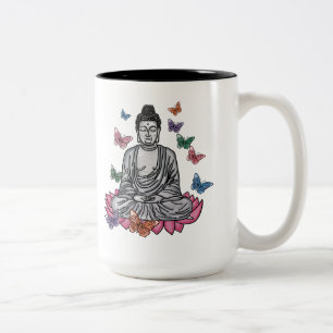 Café Em Dois Tons Buda na flor de lótus com caneca de borboleta