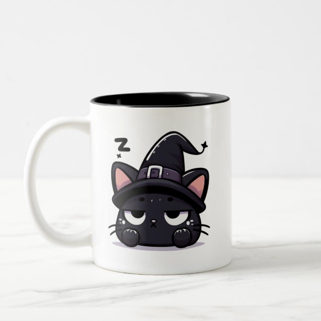 Café Em Dois Tons Cabeça de Gato Bruxa Sonolenta | Caneca de Hallowe (Esquerda)