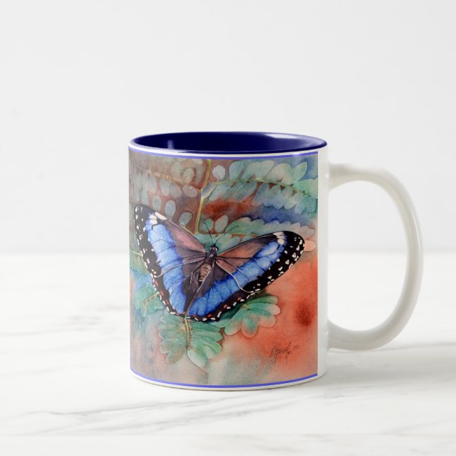 Café Em Dois Tons Caneca azul da gratitude da aguarela de Morpho (Direita)