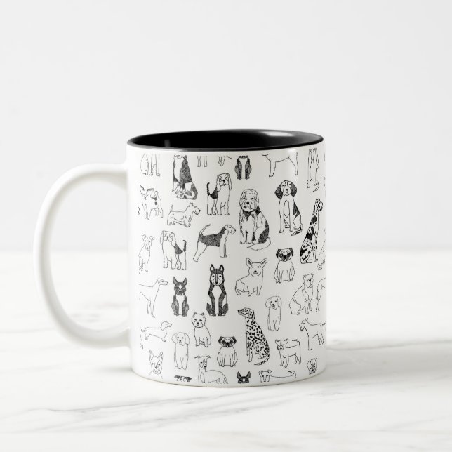 Café Em Dois Tons Caneca - caneca, desenho preto e branco de cão (Esquerda)