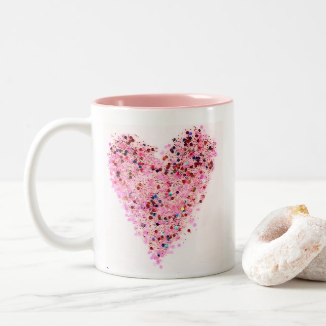Café Em Dois Tons Caneca com Coração de Purpurina Rosa (Com Donut)
