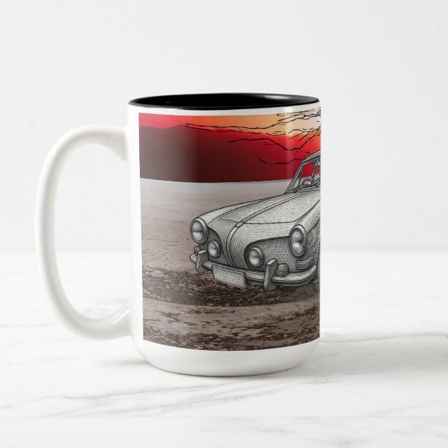Café Em Dois Tons Caneca com Ilustração de Carro Estilo Retrô (Esquerda)