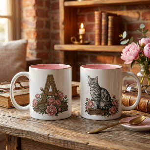 Café Em Dois Tons Caneca com Monograma de Gato Floral Vintage