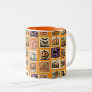 Café Em Dois Tons Caneca com padrão de selo postal de Halloween asso