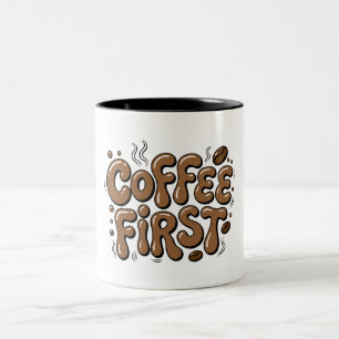 Café Em Dois Tons Caneca com Tipografia de Bolha Retro 'Café Primeir