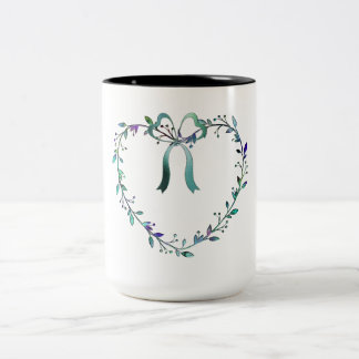 Café Em Dois Tons Caneca Coração Romântico de Folhas e Fitas