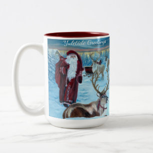 Café Em Dois Tons Caneca de 15 oz. com Papai Noel e Rena Pintados No