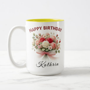 Café Em Dois Tons Caneca de Aniversário Feliz com Laço Floral Coquet