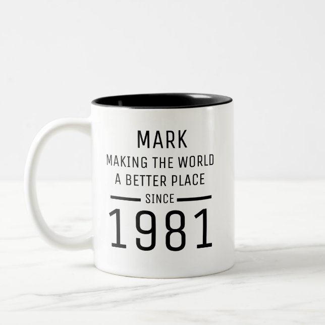 Café Em Dois Tons Caneca de aniversário personalizada com nome e ano (Esquerda)