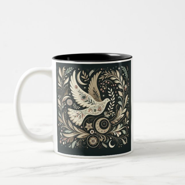 Café Em Dois Tons Caneca de Arte Pacífica, Design de Ave Floral, Caf (Esquerda)