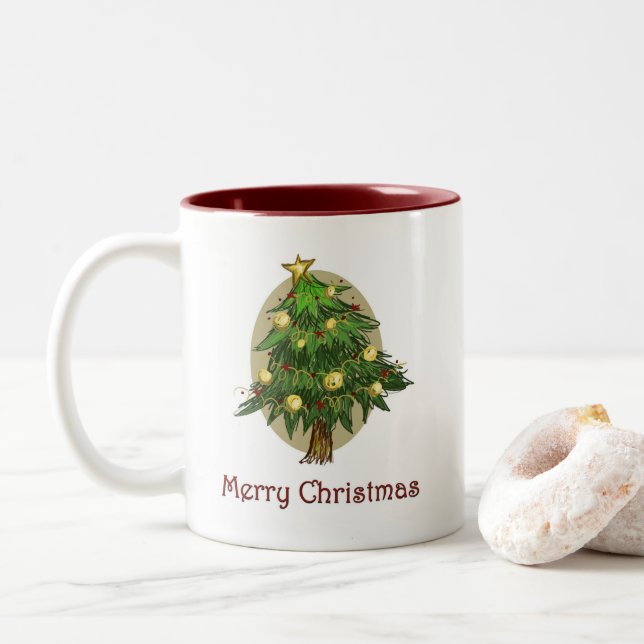 Café Em Dois Tons Caneca de árvore de Natal clássica (Com Donut)