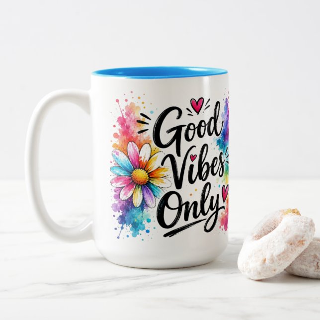 Café Em Dois Tons Caneca de Boas Vibrações (Com Donut)