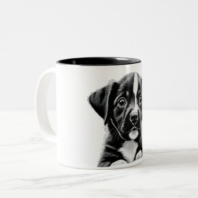 Café Em Dois Tons Caneca de Cachorrinho Preto e Branco Adorável - Pr (Frente Esquerda)