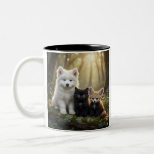 Café Em Dois Tons Caneca de cachorrinho Samoyed fofo e gatinho preto