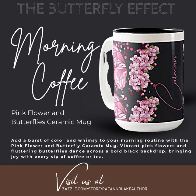 Café Em Dois Tons Caneca de Cerâmica Flor Rosa e Borboletas (Criador carregado)