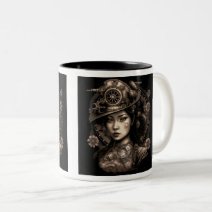 Café Em Dois Tons Caneca de Duas Cores de Mulher Asiática Steampunk,