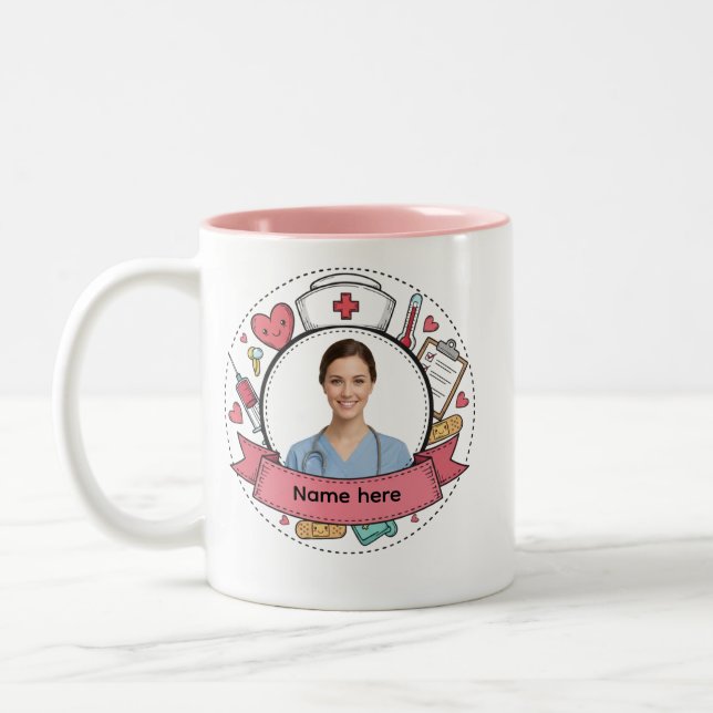 Café Em Dois Tons Caneca de Enfermeira Personalizada com Foto e Nome (Esquerda)