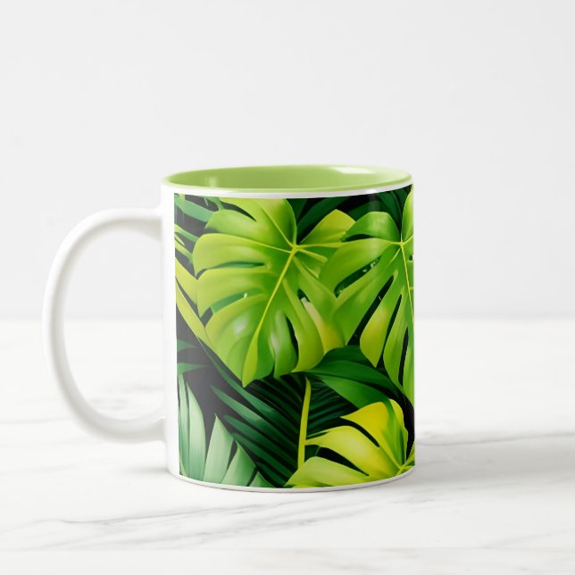Café Em Dois Tons Caneca de Folhas Verdes Tropicais (Esquerda)