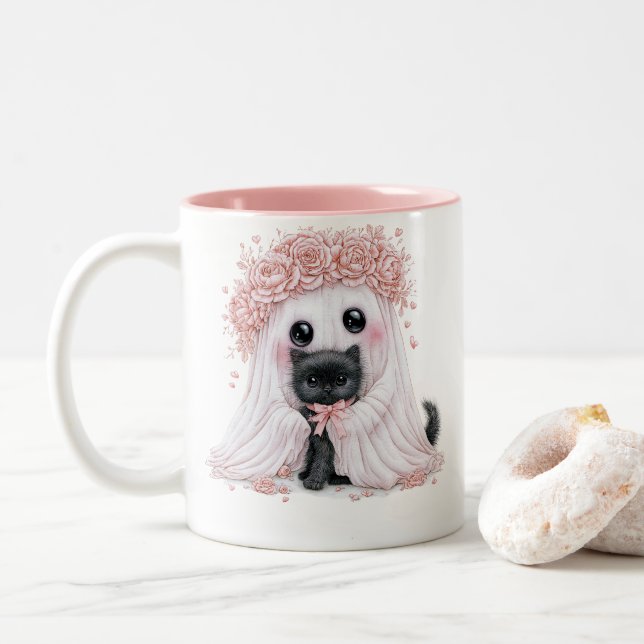 Café Em Dois Tons Caneca de Gatinho Fantasma Fofo - Halloween Perfei (Com Donut)