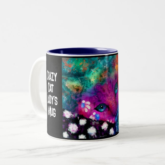 Café Em Dois Tons Caneca de Gato Louca - Gato de Gato Whimsical (Frente Esquerda)