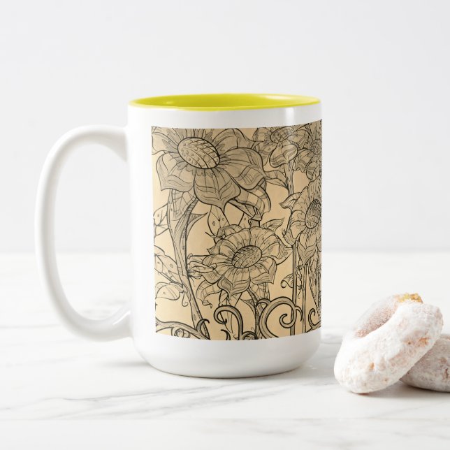 Café Em Dois Tons Caneca de girassol (Com Donut)