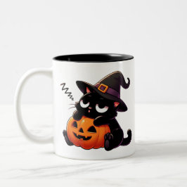 Café Em Dois Tons Caneca de Halloween de Gato Bruxa Abraçando Abóbor