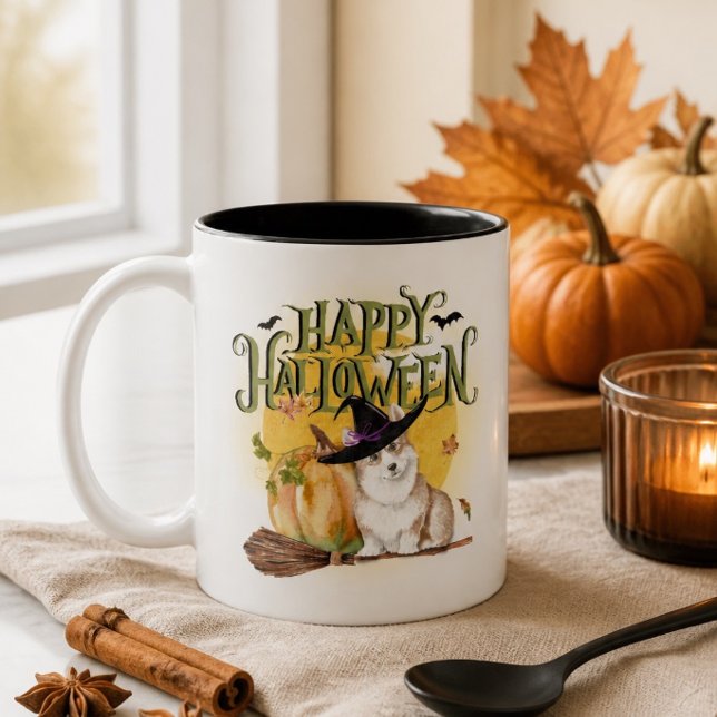 Café Em Dois Tons Caneca de Halloween do Corgi (Criador carregado)