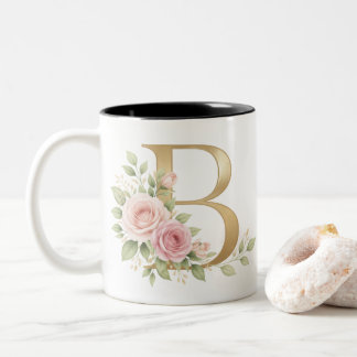 Café Em Dois Tons Caneca de Monograma com Letra B Floral Elegante Pe