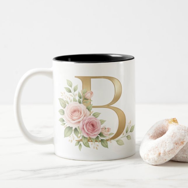 Café Em Dois Tons Caneca de Monograma com Letra B Floral Elegante Pe (Com Donut)