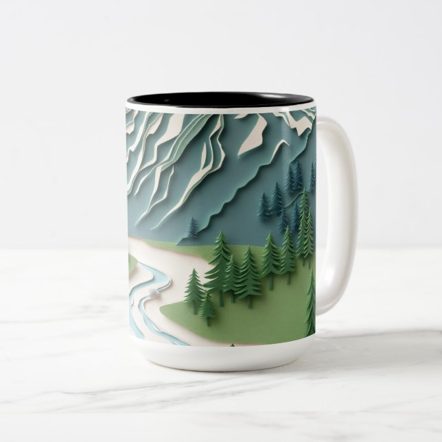 Café Em Dois Tons Caneca de Montanha Estilo Recorte de Papel (Frente Esquerda)