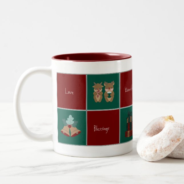 Café Em Dois Tons Caneca de Natal Alegre e Brilhante (Com Donut)