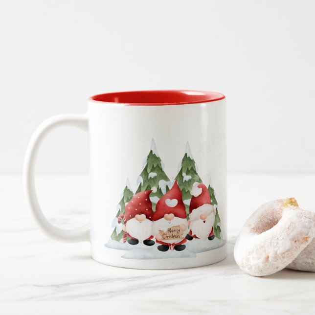 Café Em Dois Tons Caneca de Natal com Três Gnomos (Com Donut)