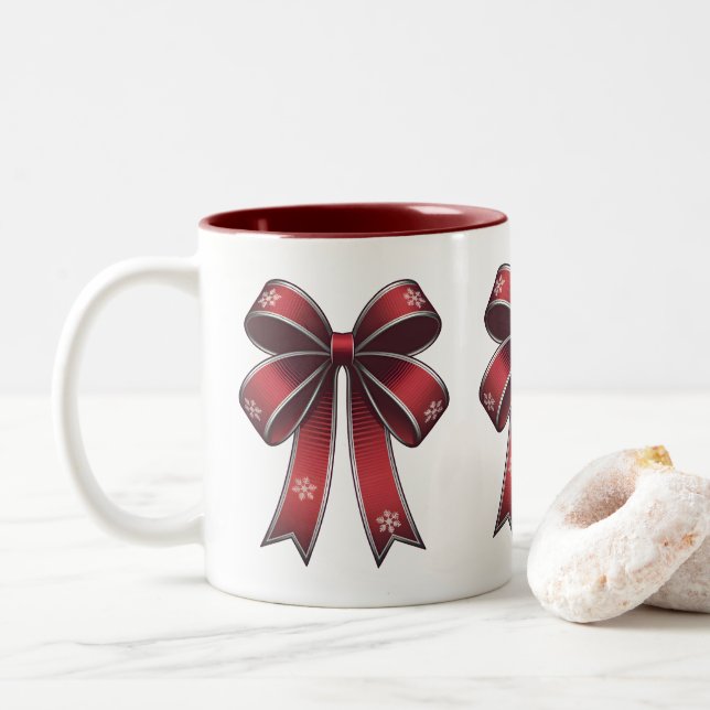 Café Em Dois Tons Caneca de Natal Coquette Laço Vermelho e Flocos de (Com Donut)