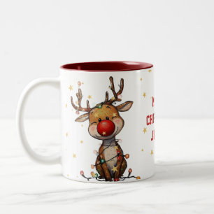 Café Em Dois Tons Caneca de Natal Floral Rena Vermelha Alegre
