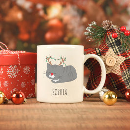 Café Em Dois Tons Caneca de Natal Personalizada, Reindeer Gato