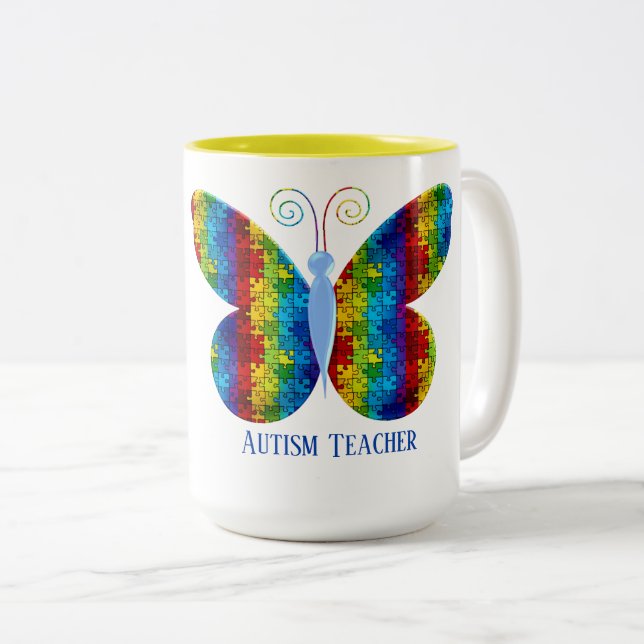 Café Em Dois Tons Caneca de presente para professor de autismo Canec (Frente Esquerda)