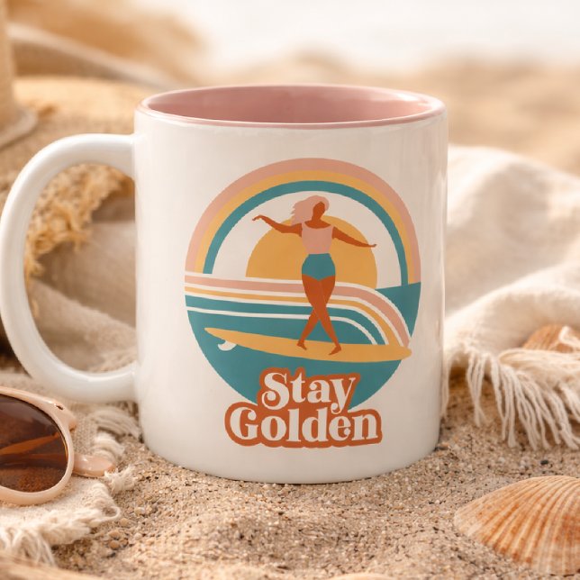 Café Em Dois Tons Caneca de Surf Retrô Fique Dourada Boho Costeira (Criador carregado)