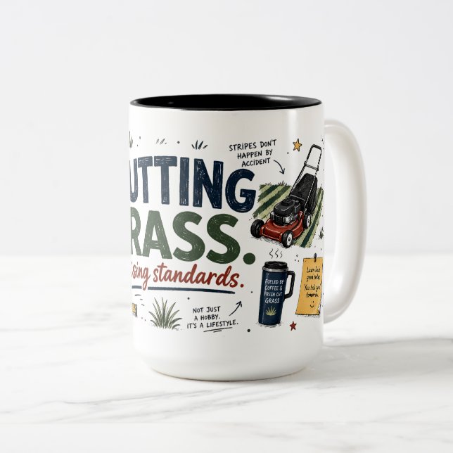 Café Em Dois Tons Caneca Engraçada de Gramado Cortando Grama Elevand (Frente Esquerda)