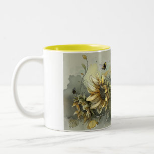 Café Em Dois Tons Caneca Expositiva Com Um Ramo De Girassóis E Abelh