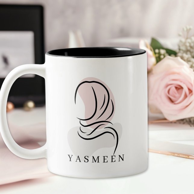 Café Em Dois Tons Caneca Nome Elegante: Arte Linear de Hijab Minimal (Criador carregado)