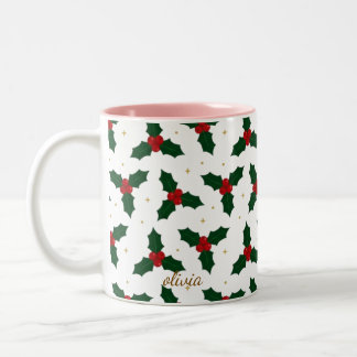 Café Em Dois Tons Caneca Personalizada com Padrão de Natal de Folhas