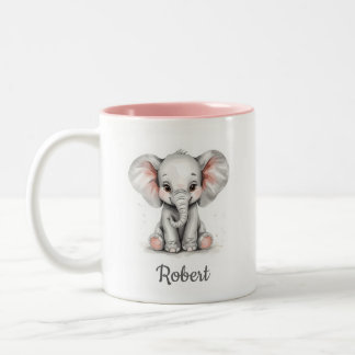 Café Em Dois Tons Caneca Personalizada de Aquarela de Elefante Bebê.
