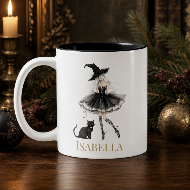 Café Em Dois Tons Caneca Personalizada de Bruxa & Gato Preto com Laç (Personalized Witch & Black Cat Mug with Gothic Bow)