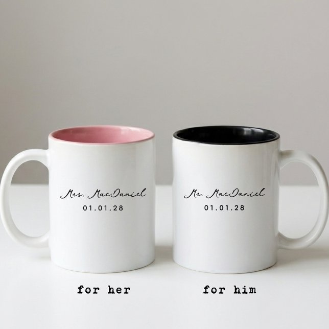 Café Em Dois Tons Caneca Personalizada de Casamento Moderna para Noi (Personalized Mr and Mrs Mug Wedding Gift for Newlyweds, Modern Bride and Groom Mug Gift for Wedding)