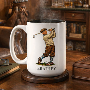 Café Em Dois Tons Caneca Personalizada de Golfe Retro com Nome