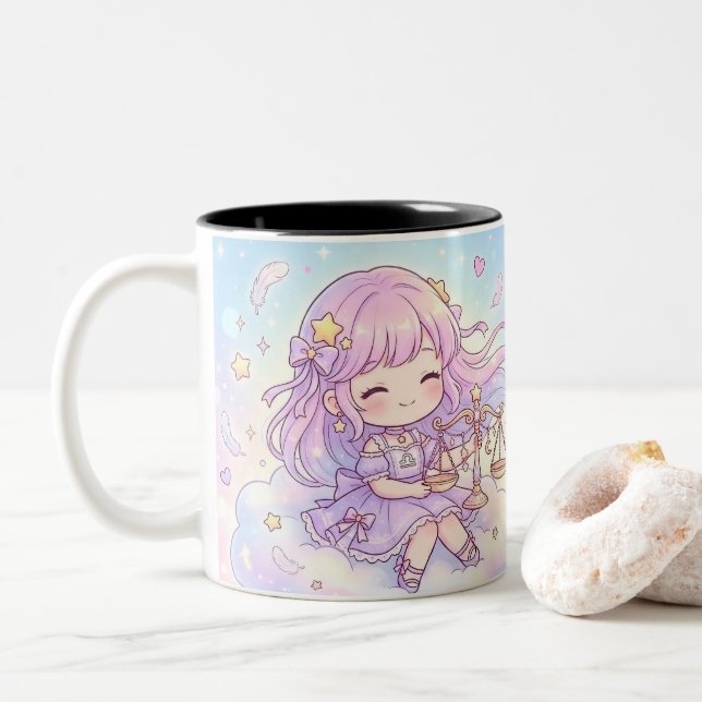 Café Em Dois Tons Caneca Personalizada Fofa do Zodíaco de Libra (Com Donut)