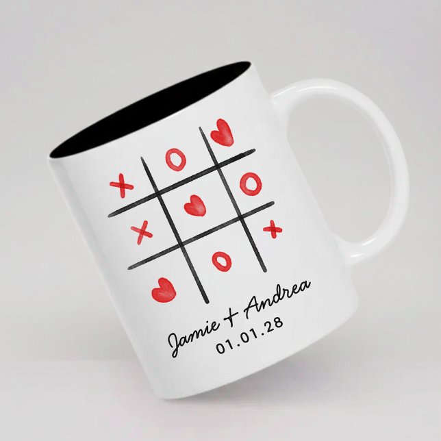 Café Em Dois Tons Caneca Personalizada Jogo da Velha Presente de Dia (Personalized girlfriend boyfriend gift mug, Custom valentine mug gift for husband and wife)