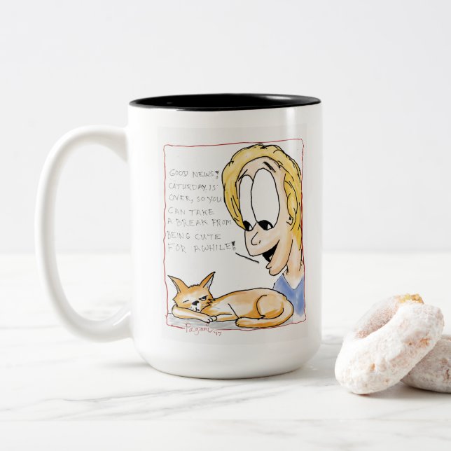 Café Em Dois Tons Caneca preguiçosa do gato de Caturday (Com Donut)