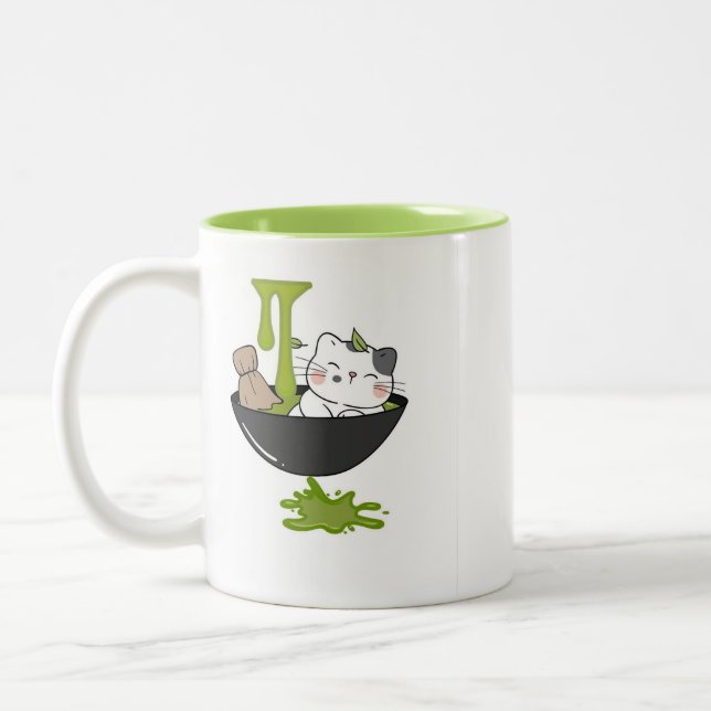 Café Em Dois Tons Corte a Caneca de Matcha de Gato (Esquerda)